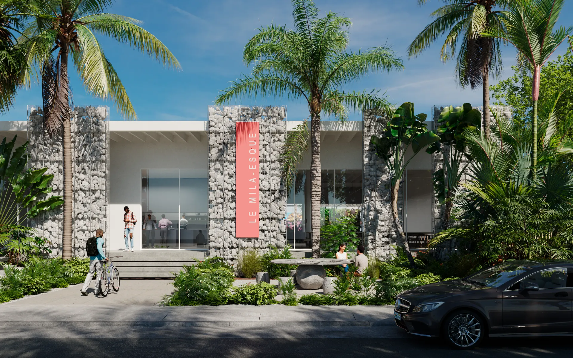 Arrival, the gabion facade, the frame that made the project